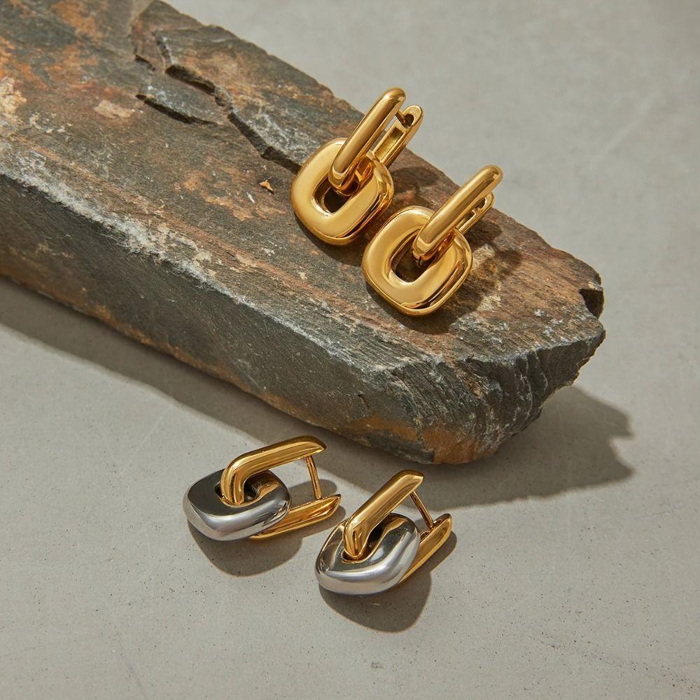 Oval Shape Gold Plating Earrings Copper Base U-Shaped Earrings Drop Earrings  Patchwork Design