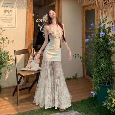 French Heavy Industry Flower Lace Mesh Splicing Suspender Dress Women's Summer Seaside Vacation Temperament Fishtail Dress