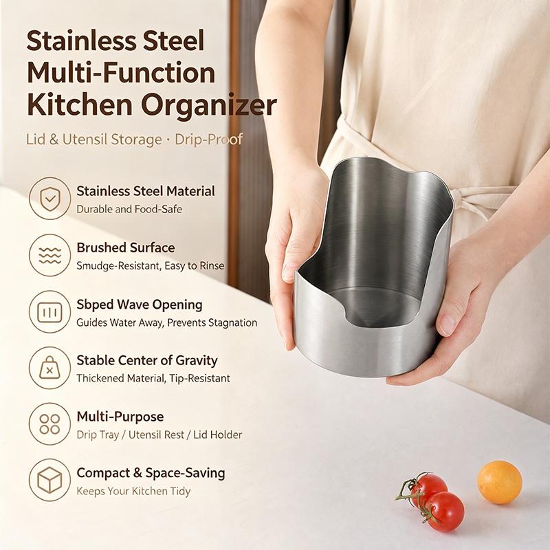 Stainless Steel Spoon Rest With Drip Tray, Heavy Duty Vertical Utensil Holder For Ladles Spatulas & Pot Lids, Rust-Proof Kitchen