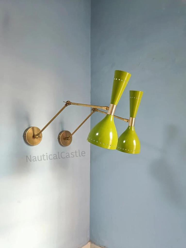 Brass Diabolo Wall Sconce Pair: Olive Green Mid Century Italian Lighting
