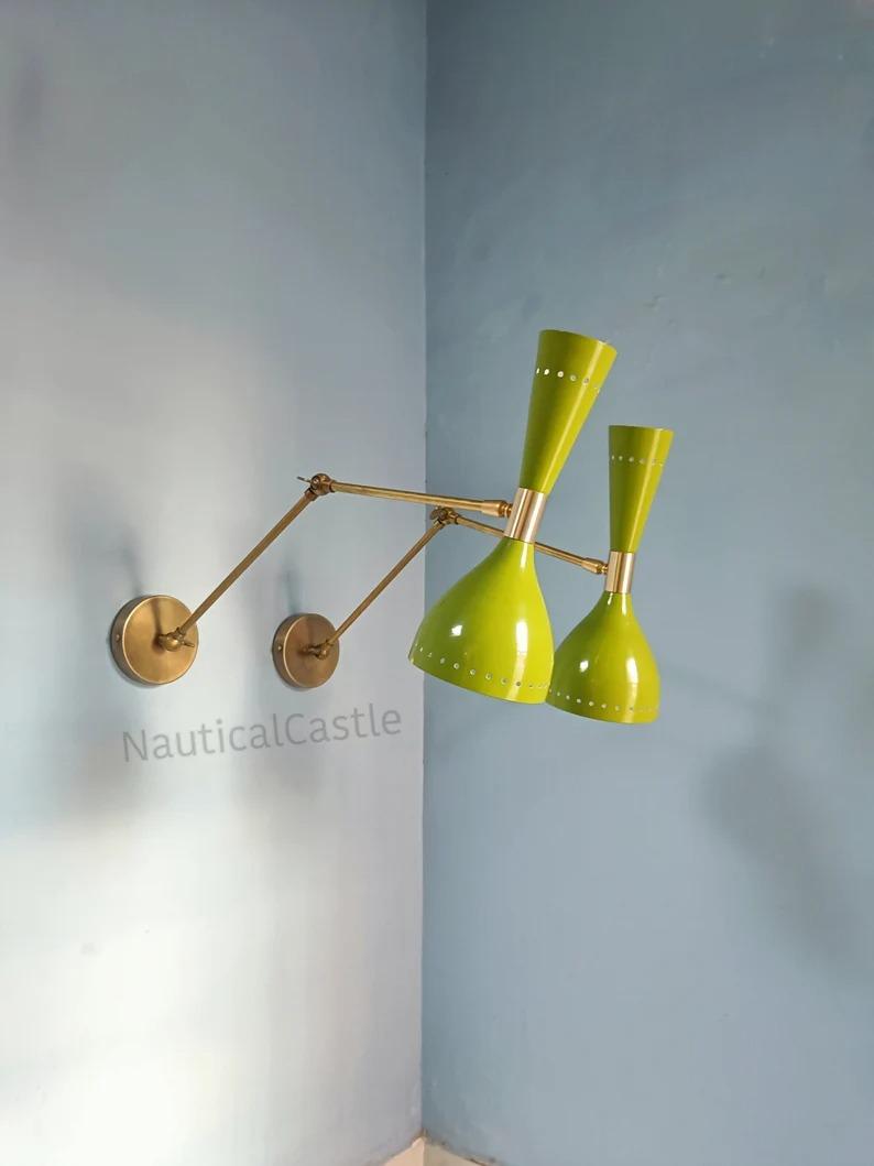 

Brass Diabolo Wall Sconce Pair: Olive Green Mid Century Italian Lighting зелений