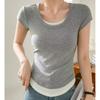 Design Sense Fake Two-piece Short-sleeved T-shirt Women's Contrasting Colors Splicing Thin Temperament Versatile Front Shoulder Crew Neck T-shirt