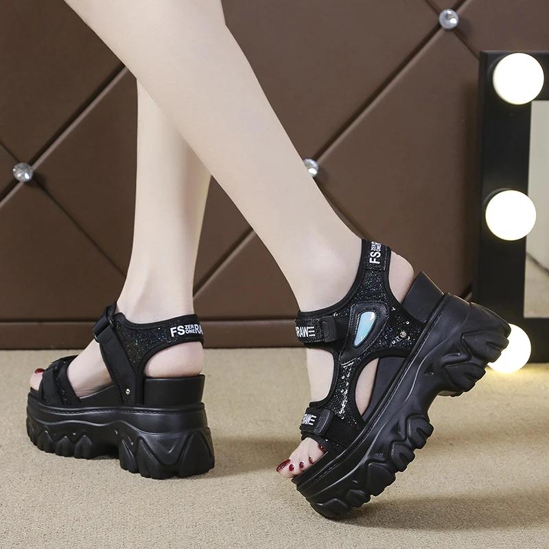 Mode Neue Pailletten 10CM Plateau Klobige Sandalen Damen Keile Hohe Absätze Sommer Sandale Frau Offene Zehenpartie Lässige Sportschuhe Damen