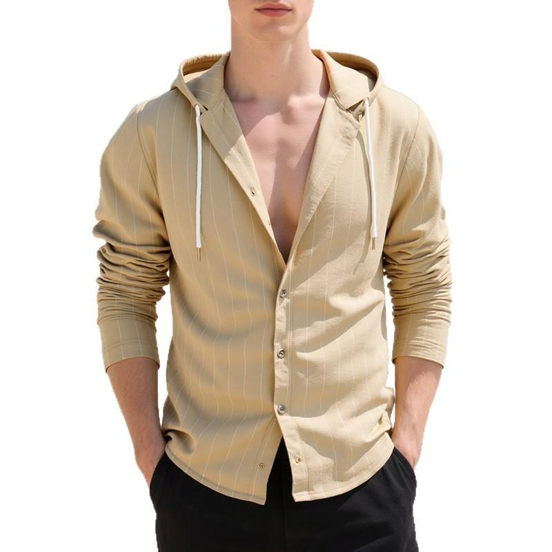 Camicia casual da uomo a tinta unita a maniche lunghe con cappuccio e cardigan con coulisse