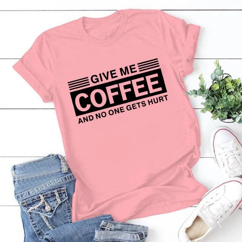 Women Fashion Short Sleeve Tee Shirt Lady Casual Loose Newest Round Neck T-shirt Top Plus Size Funny 'Give Me Coffee Print T Shirt