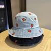 Korean-style strawberry embroidered denim bucket hat for men, wide brim sun protection, fashionable and versatile, makes the face look smaller,