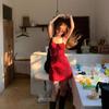 Red Seaside Vacation Wind Floral Suspender Dress Female Summer Spice Girl Waist Thin Straps Short Skirt Tide