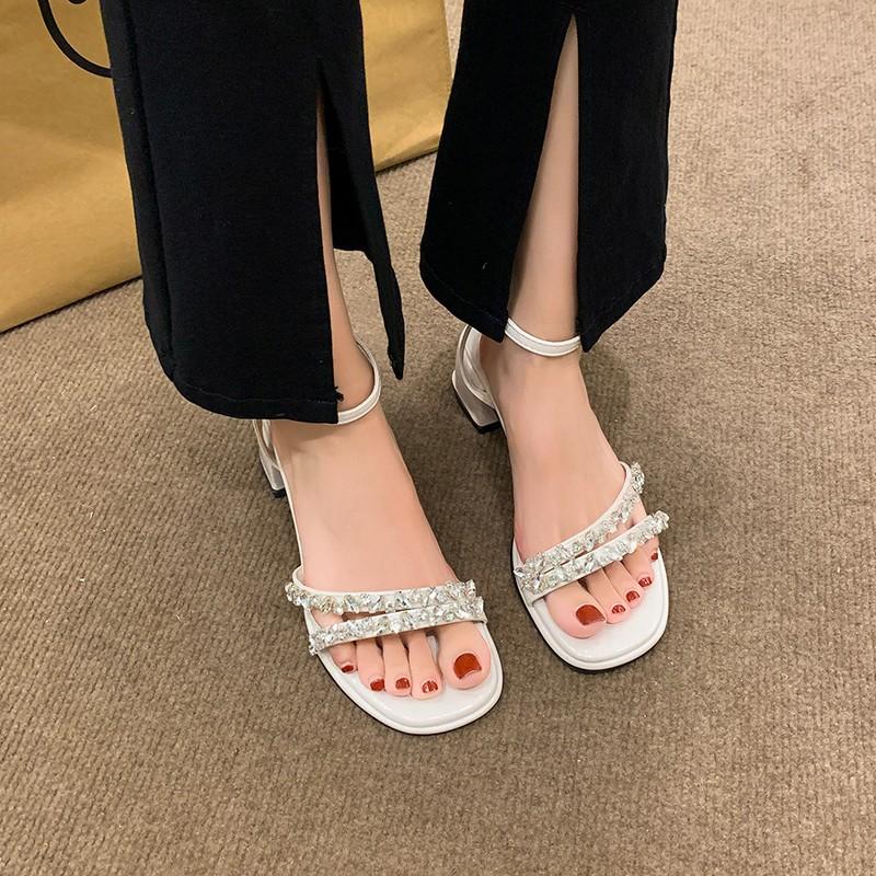 Internet celebrities with the same rock sugar fairy~ French rhinestone word with open-toed thick high-heeled sandals female 2025 summer new