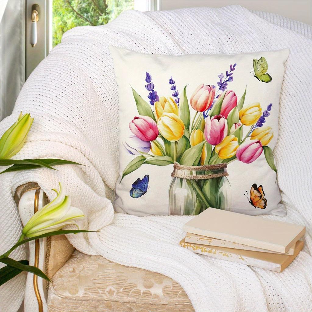 Cheerful Floral - Butterfly Home Pillow CoversLiving Room Sofa Cushion Cover, Soft and Comfortable, Bedroom Room Decoration
