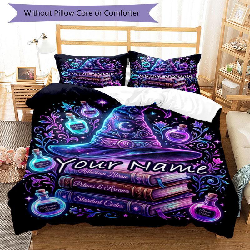 3PC Custom Name Witchcraft Spell Book Bedding Set Duvet Cover Closure Includes 1 Duvet Cover & 2 Pillowcases for Bedroom
