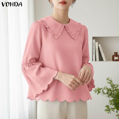 Women Casual Turn Down Collar Flare Sleeve Casual Loose Blouse