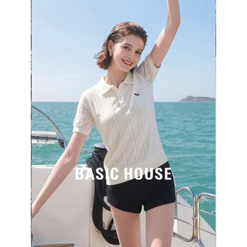 Basic House Women s Dog Embroidered Tencel Linen Polo Shirt L