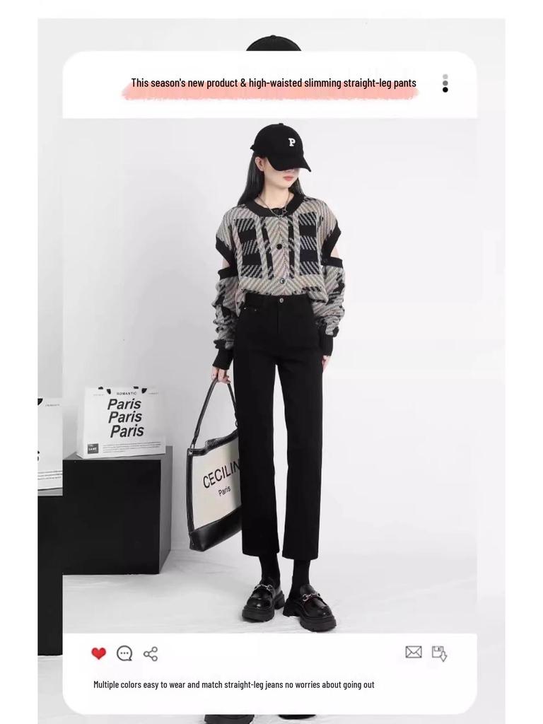 2025 Spring Women's High-Waist Black Slimming Petite Cigarette Jeans