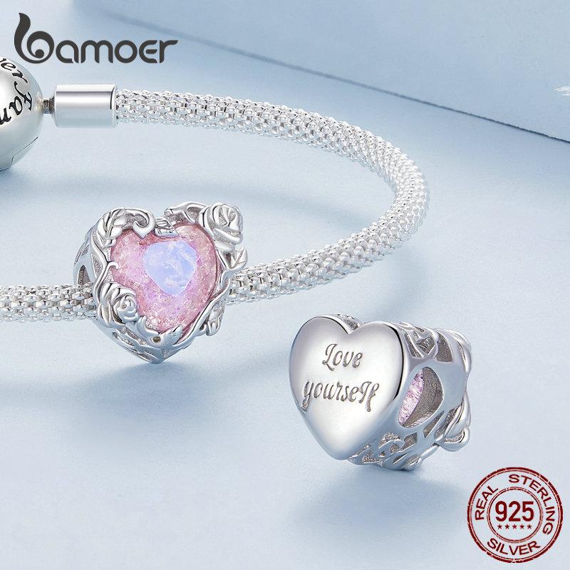 BAMOER 925 Sterling Silver Spiraling Crystal Rose Charms Bead pour femmes Bracelet en argent original Bijoux fins