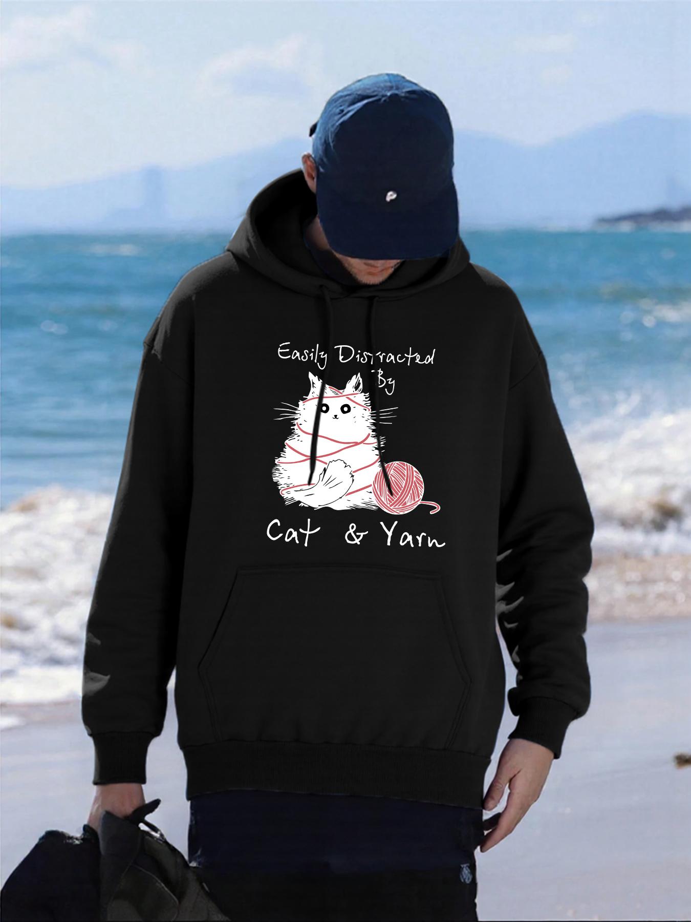 

Easily Distracted By Cat Yarn Design Hoody Men Loose Fleece Hoodies Autumn Hip Hop Sportswear All-Match Comfortable Clothing 2XL