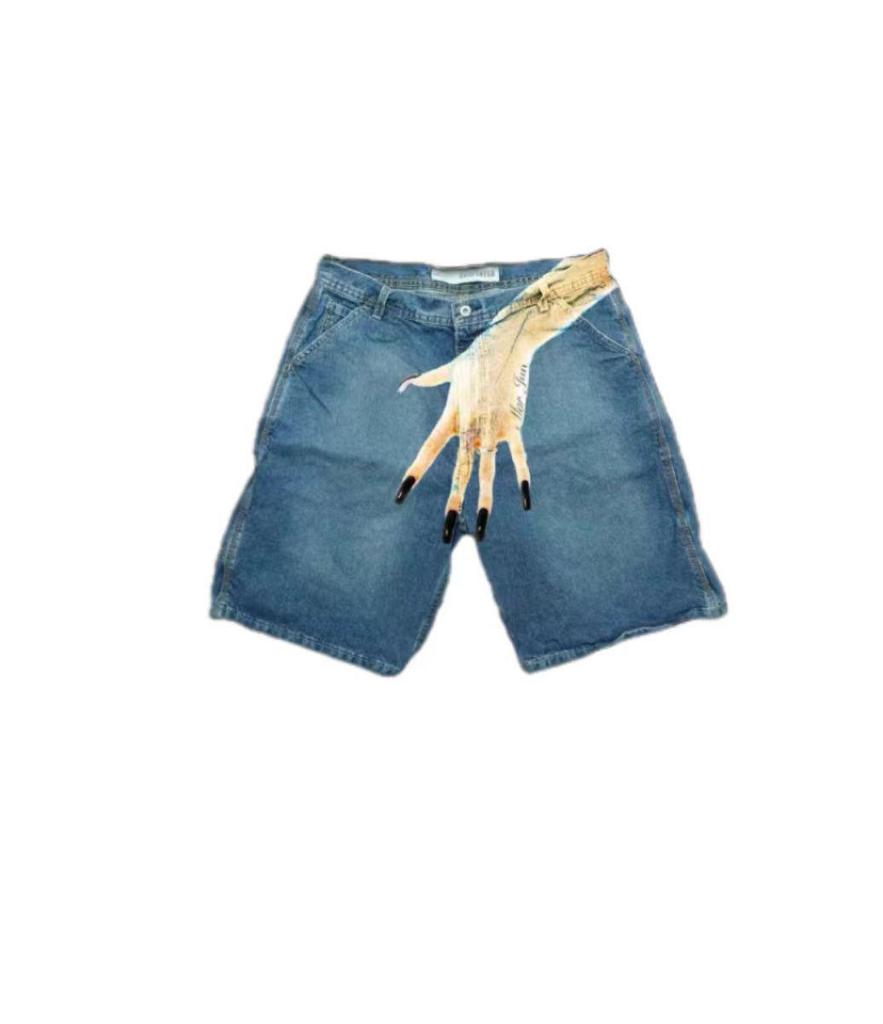 "Men's Y2K Hip-Hop Trend Pattern Denim Shorts - European and American High Street Fashion for Couples"