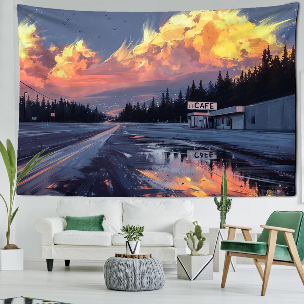 Arazzo da Parete Pittura a Olio Tramonto Cartone Animato Arte Moderna Minimalista Stile Bohemien Decorazione Camera da Letto Sfondo