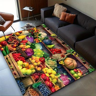 Vibrant Fruit Market Rug for Kitchen and Dining Areas - Colorful Food Print Carpet | Farmhouse Style Skid Resistant Carpet