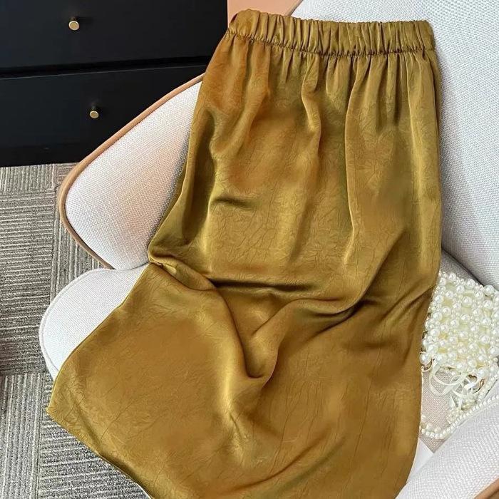 

New Chinese solid color national style split fork loose age reduction thin satin elastic skirt skirt S золотой