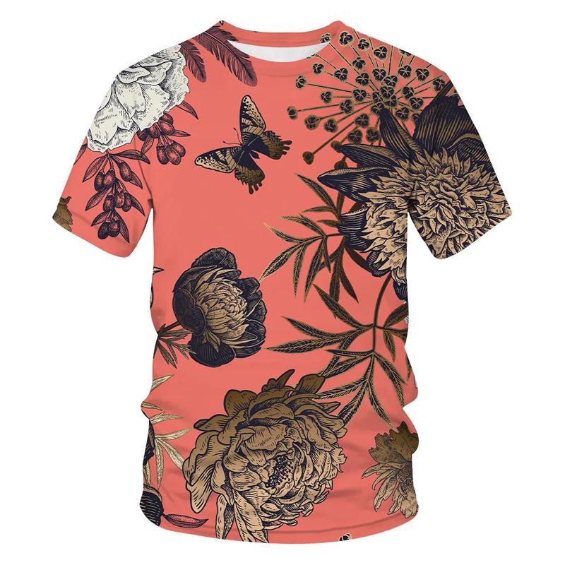 Round Neck Floral Pattern 3D Printed T-shirts Casual Short Sleeved Men's T-shirts - Soft Medium Stretch Polyester Fabric Summer Relaxed Fit Clothing