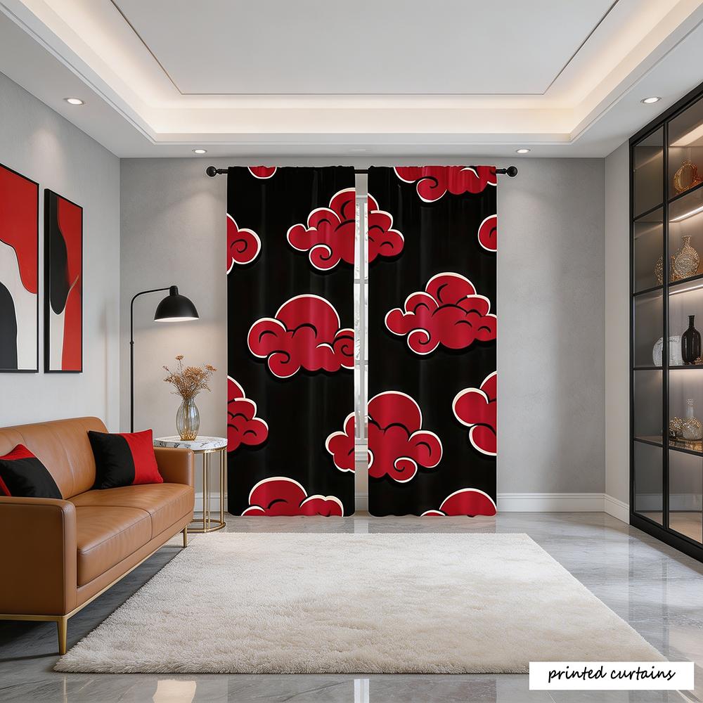 2 Pcs Black And Red Anime Red Cloud Print Flat Printed Curtains With Rod Pocket No Lining Light Filtering