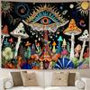 Bohemian Pilz-Wandteppich, Mystisches Böses Auge und Bunte Pilze Mit Himmlischen Elementen Auf Schwarzem Hintergrund Wandkunst Für