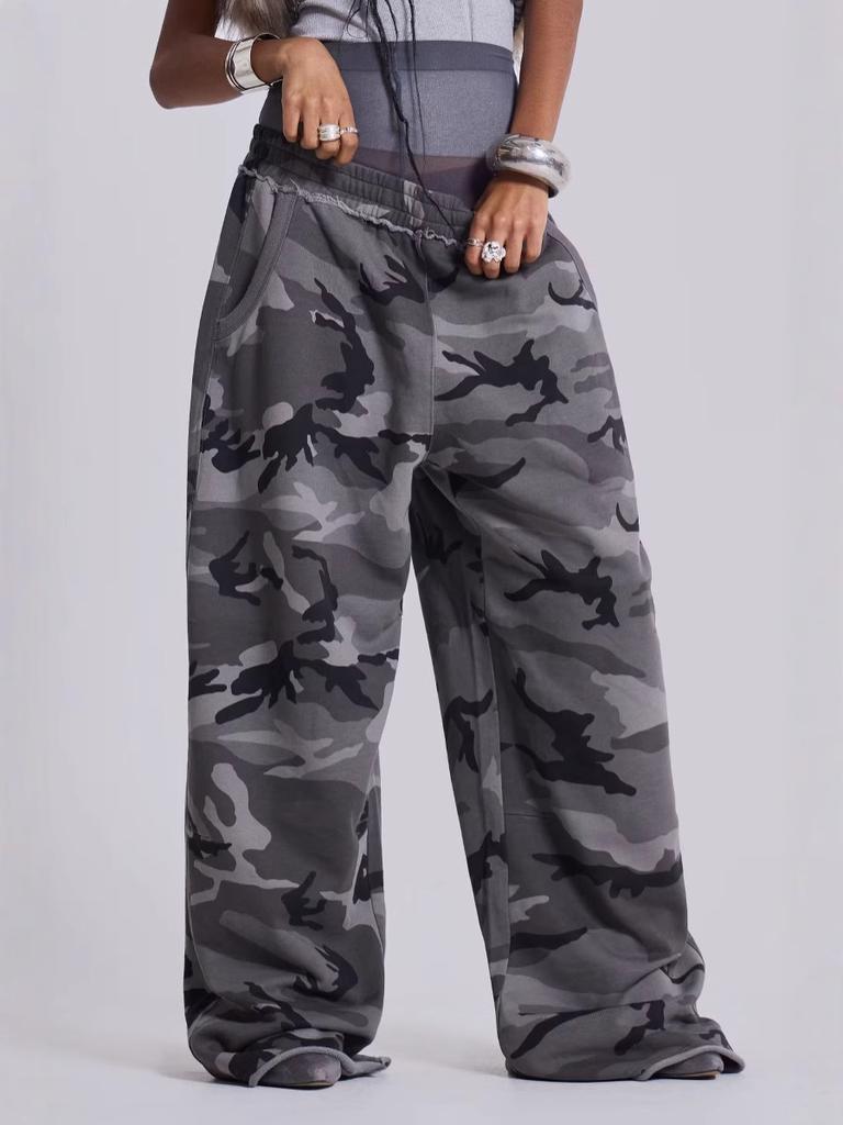 Unisex American Street Retro Camouflage Print Pants Women Y2K Frayed Loose Straight Casual Trousers Spring Summer Autumn