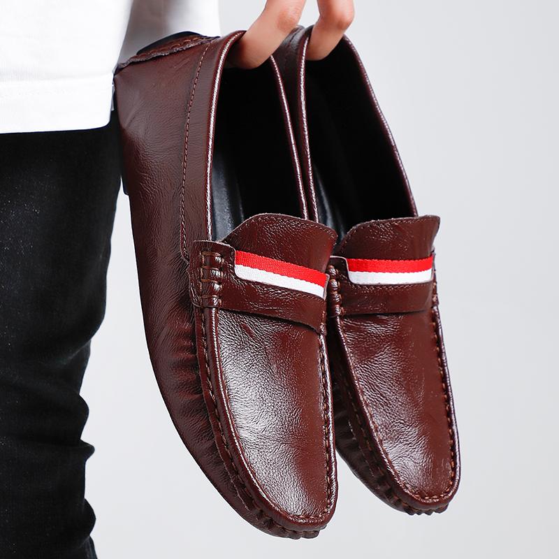 Fashion Comfortable Slip on Loafers Moccasins Handmade Casual Leather Male Shoes Simple Walking Flat Light Soft-Soled Mens Driving Shoes