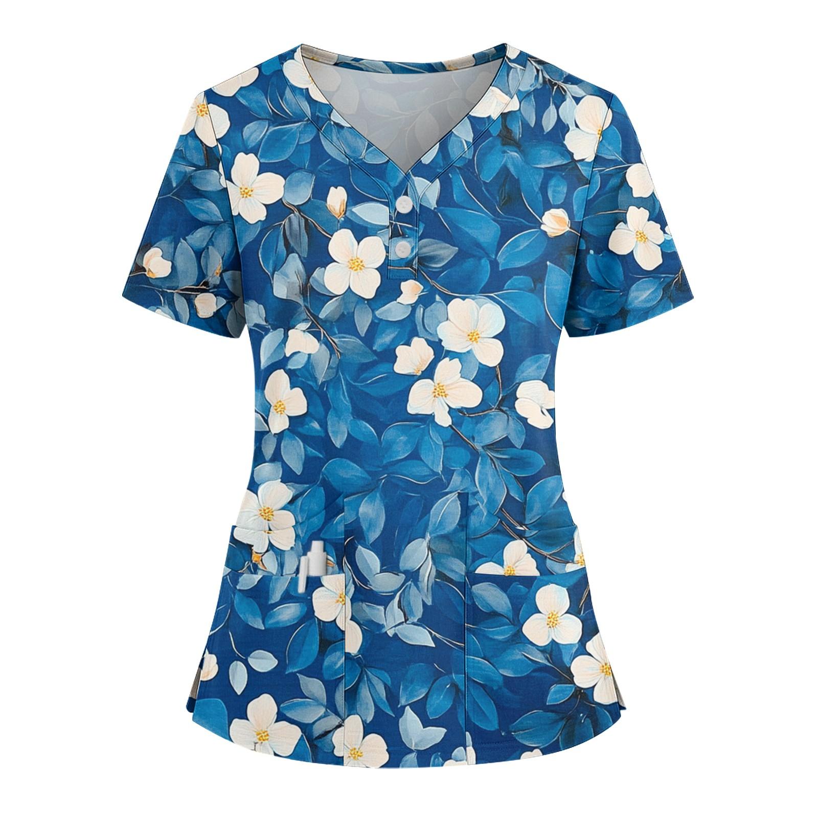 

Женская свободная футболка с коротким рукавом, модным принтом цветов и растений, V-образным вырезом, застегивающаяся на пуговицы, с боковым разрезом XL синий
