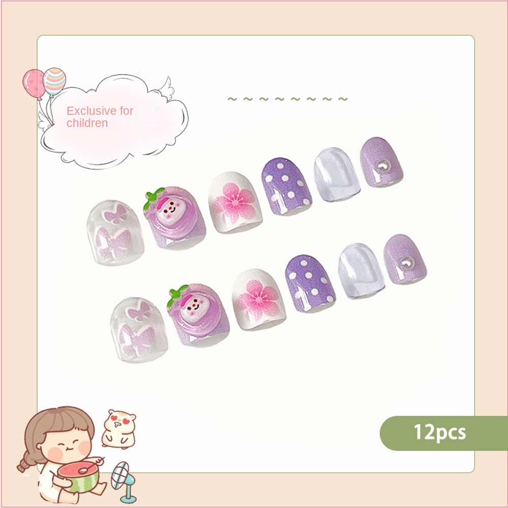 12Pcs/set Flowers Children False Nails Love Heart Short Square Shaped Kids Cartoon Fake Nails Press on Nails