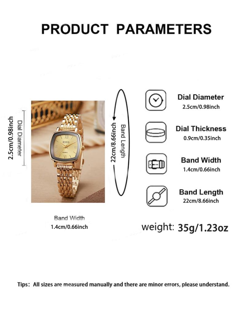 Light Luxury Fashion Square Dial Alloy Strap Roman Numerals Women's Quartz Watch Bracelet Set 5 Piece Set for Holiday Gifts