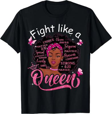 Camiseta negra afro para mujer, con texto "Lucha como una reina contra el cáncer de mama", guerreras, camisetas informales con gráficos para todas las estaciones, ropa de calle