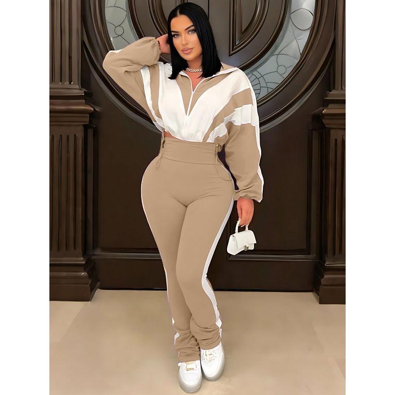 

Женский модный повседневный костюм из двух предметов с контрастной цветной вставкой: брюки с высокой талией + кардиган, спортивный эластичный повседневный костюм Apricot color XXL