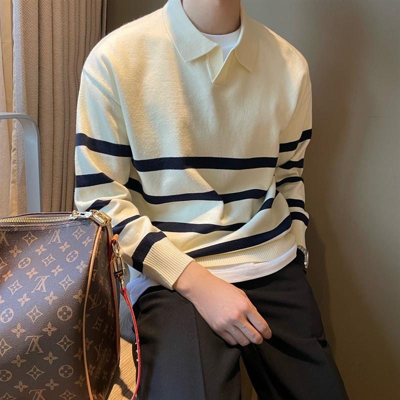 Striped Polo Collar Knitted Sweater For Men's Autumn And Winter Loose Casual Sweater Business Commuting Top