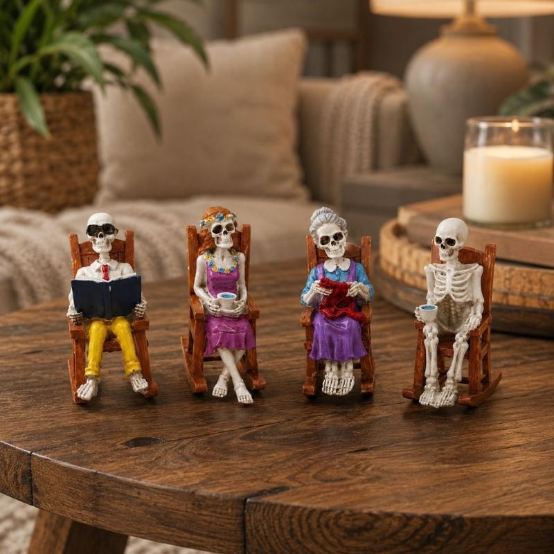 Halloween Rocking Chair Figure for Shelf Display and Room Styling, Skull Home Accent for Bookcase and Entry Placement