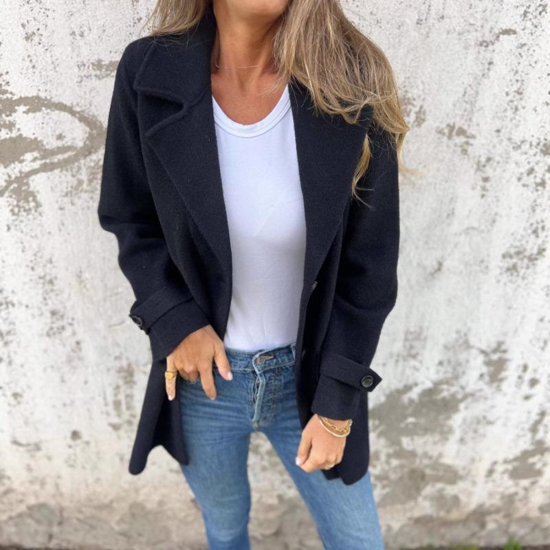 Women S Casual Loose Fit Wool Blend Coat Lapel Fake Pocket Open Front