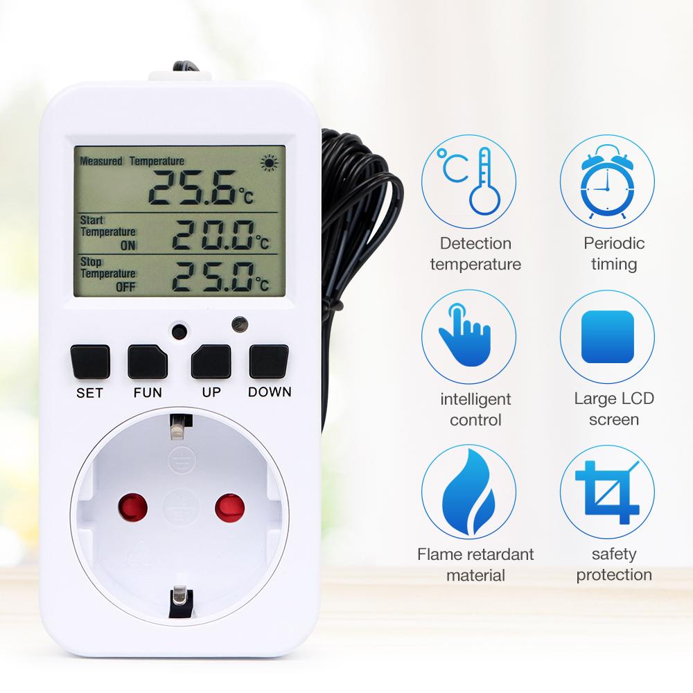 Digital Temperature Controller Socket 16A EU Plug Thermostat Timer Switch Sensing Probe Heating Cooling Switch Outlet Temp Alarm