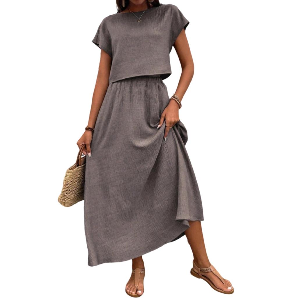 Women Two Piece Set Short Sleeve Crop Top and Casual A-Line Maxi Skirt Lightweight Comfortable Summer Outfit