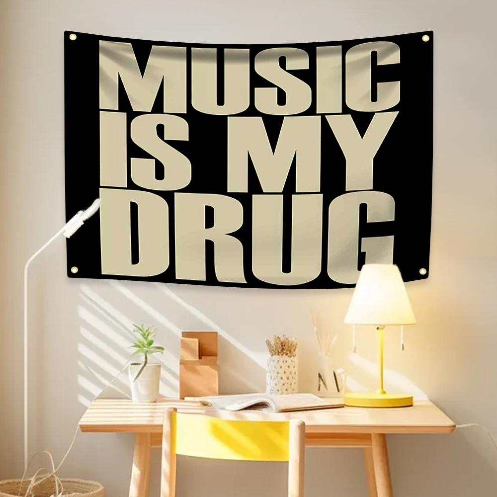 Musical Quote Flag "Music Is My..." With Four Grommets Black Single Sided Musical Banner For Wall Decor Polyester Party Flags