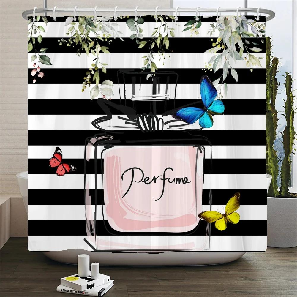Perfume Bottle Flower Shower Curtain Set Black White Stripes Fashion Girl Woman Bathroom Decor Polyester Bath Curtains Hooks