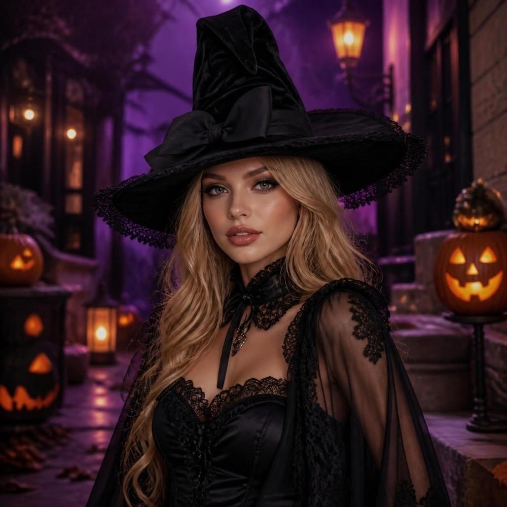 Lace Trim Wizard Hat Bandage Bow Lolita Bucket Hat New Witch Pointed Hat  Halloween Party