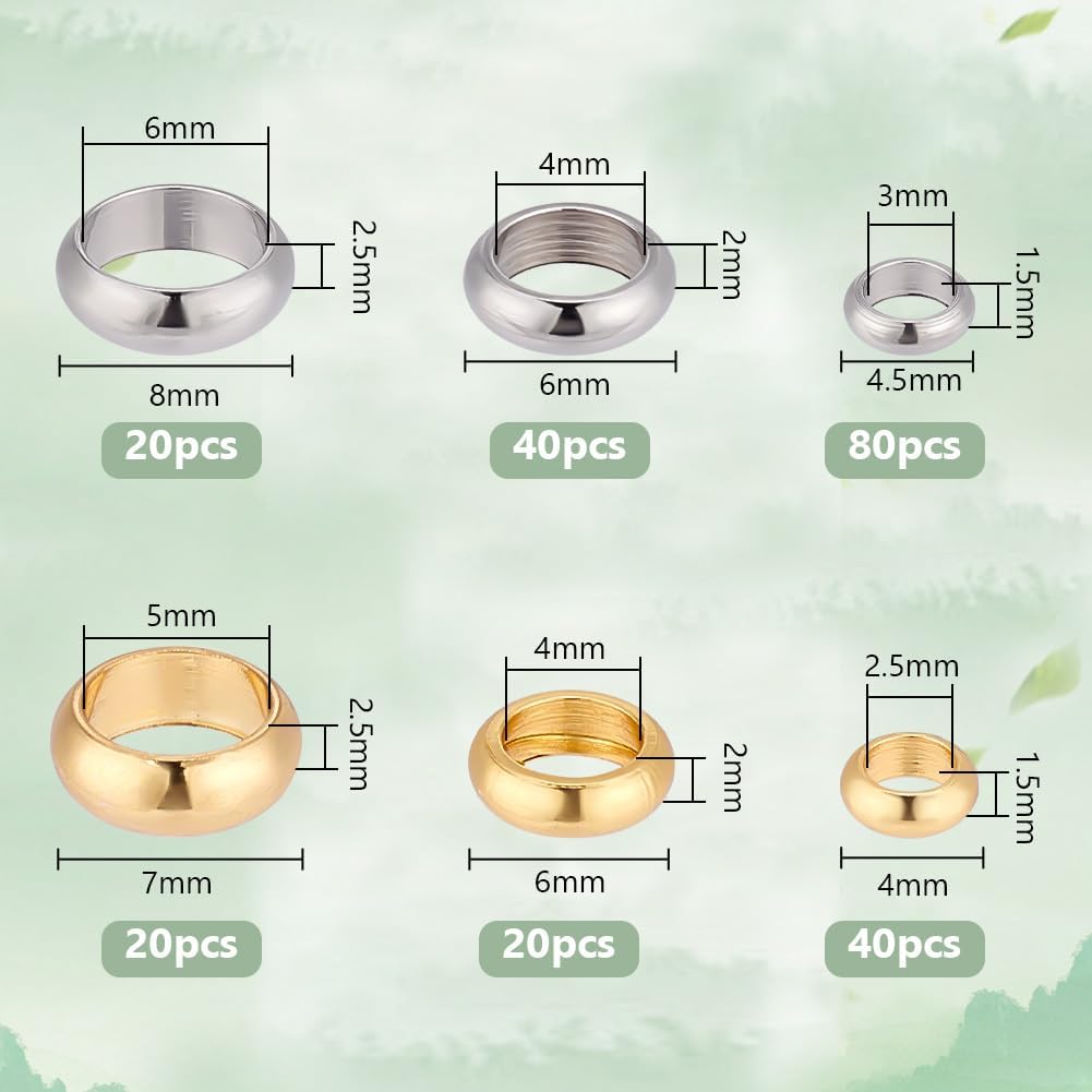 PH PandaHall 220pcs 6 Styles 18K Gold Spacer Beads with Large Hole Stainless Steel Smooth Round Spacer Beads, Flat Round Donut Metal Beads for