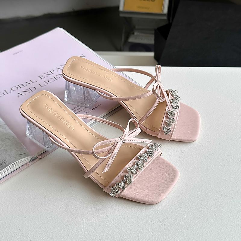 Pearl Bow Slippers 2024 Summer New Outer Wear Slippers Women High Heel Sandals Ladies Stiletto All-match Open Toe Roman Shoes