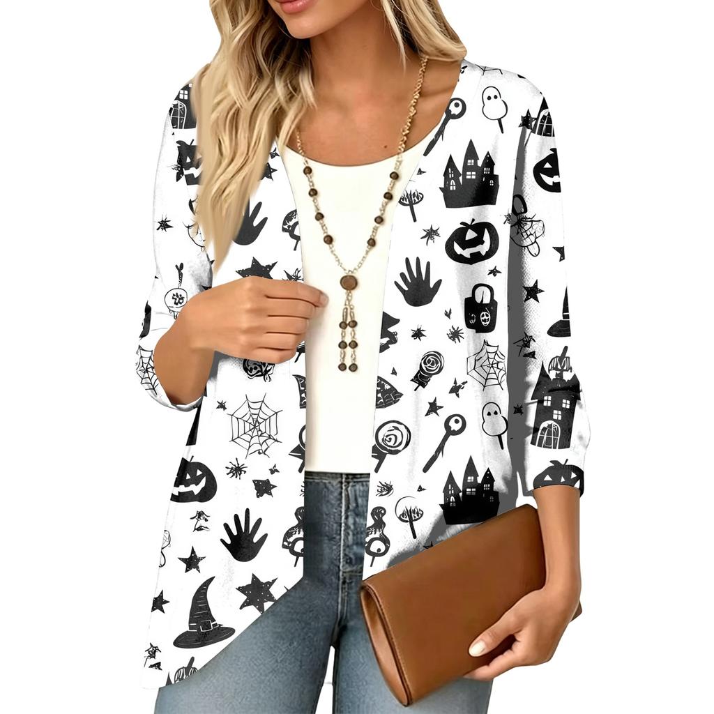 Cardigan décontracté léger ample à manches 3/4 imprimé pour femme pour Halloween