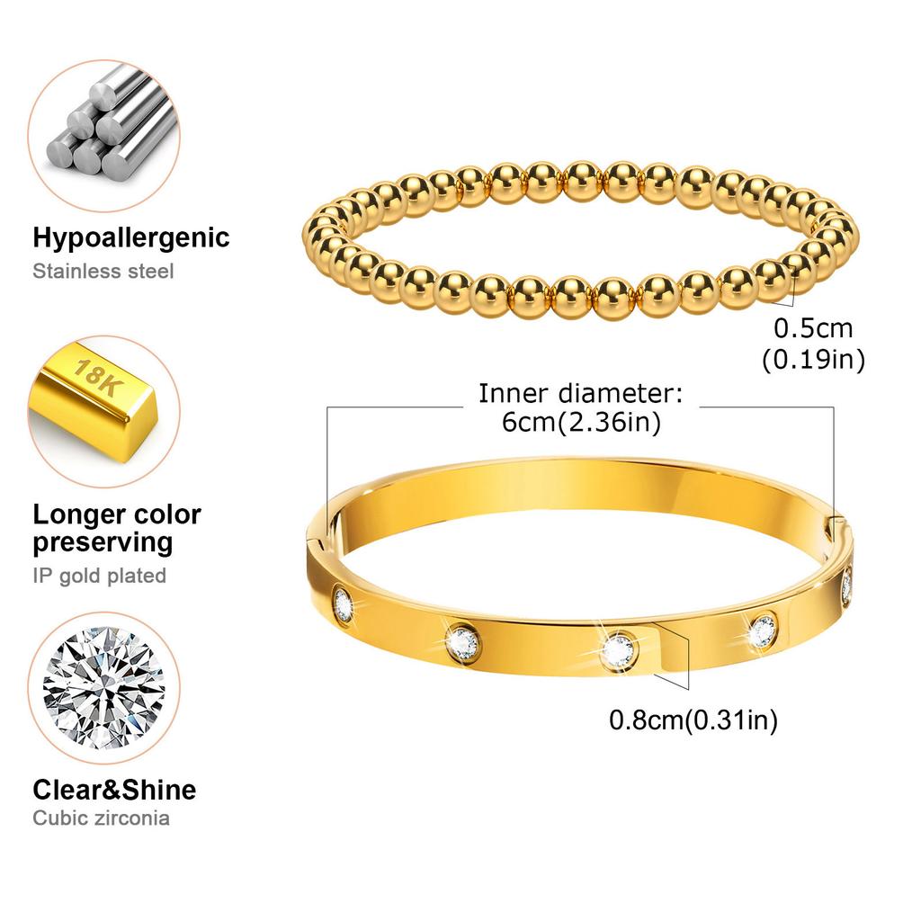 Vnox 2-8mm Women Bracelets Set, Simple Stacked Gold Plated Stainless Steel Beads Bracelets , Glam Love Gift Cuff Bangles for Her