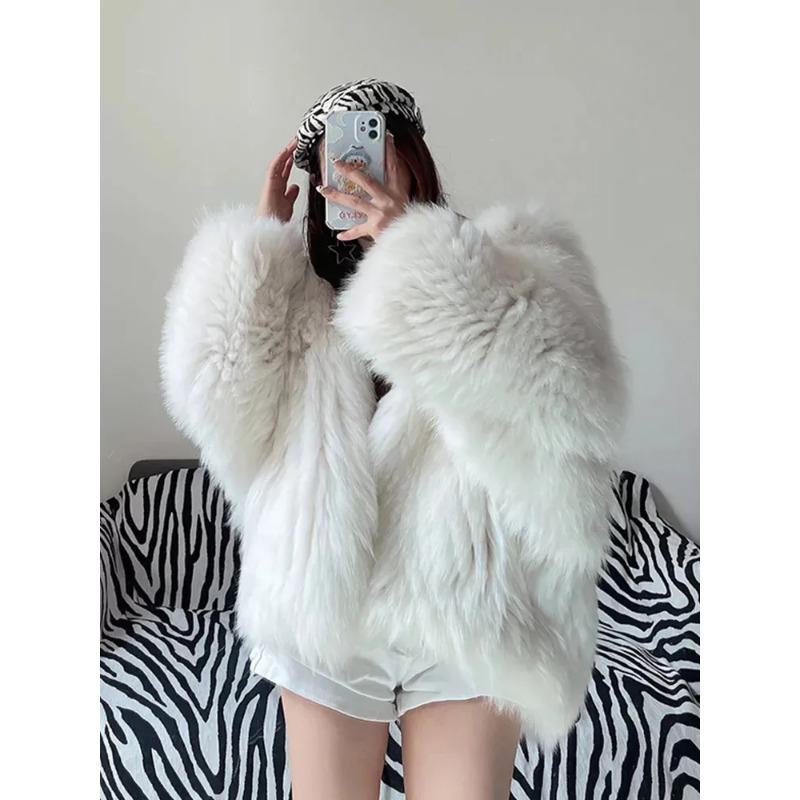 Damen Kunstfuchs Pelzmäntel Jacken Mittellang Blau Mit Kapuze Langarm Dick Warm Lockere Passform Freizeit Herbst Winter