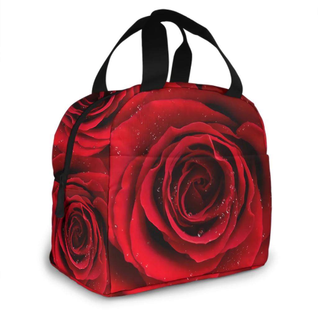 Red Rose Flower with Raindrop Valentine's Day Insulated Lunch Bag Lunch Box Containers for Women Men Office School Picnic