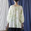 Johnature Women Vintage Ramie T-Shirts V-Neck Long Sleeve Print Floral Green Tees Autumn Loose Casual Women T-Shirts