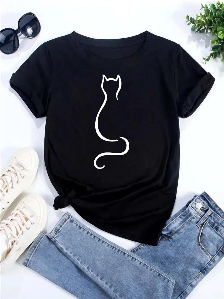 New Cute Love Heart Cat Print Women T-Shirt Casual Short Sleeve Top Summer Women's Clothing Cartoon Streetwear Y2k Clothes