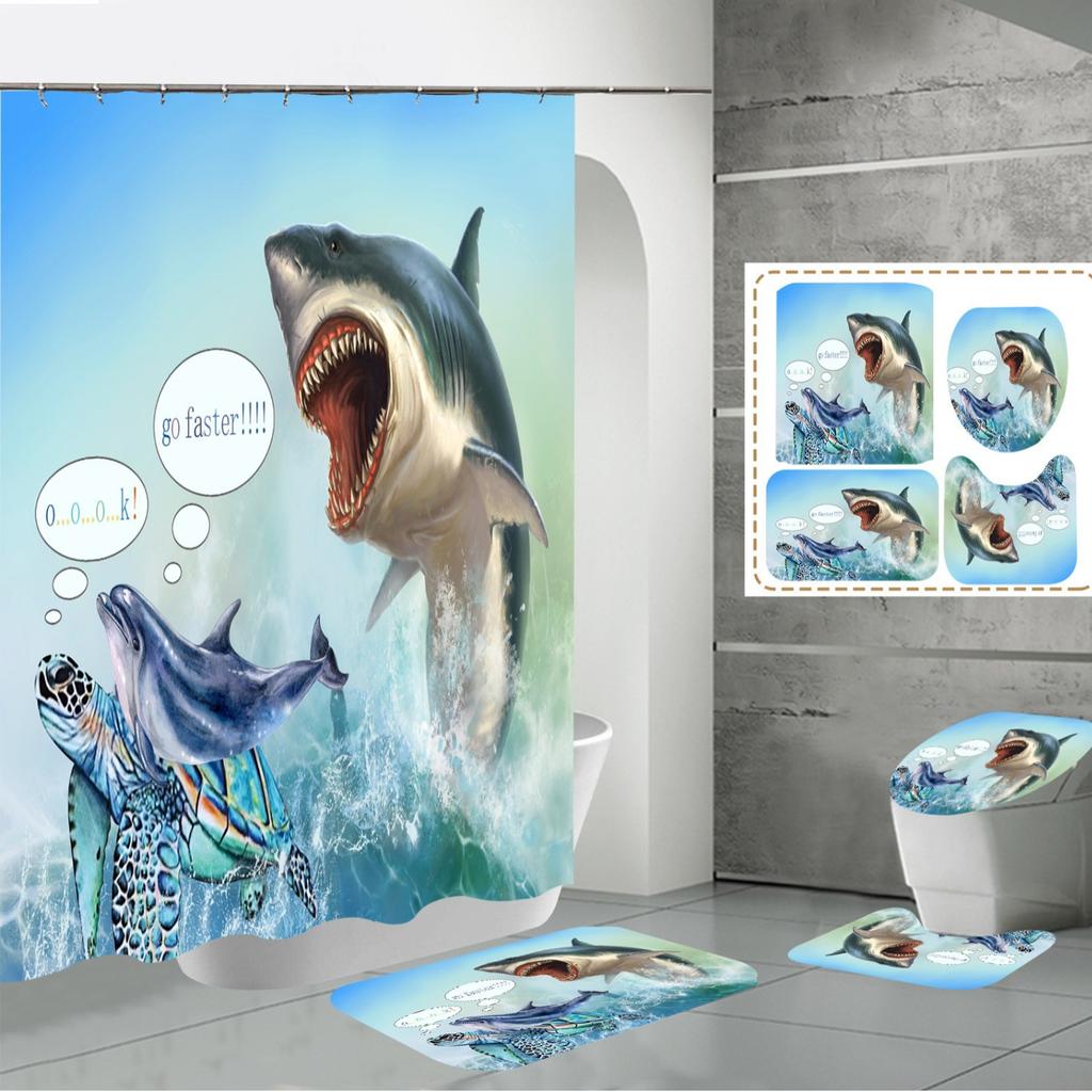 Shower Curtain Four-Piece 3D Digital Printing Shower Curtain Underwater Animal Bathroom Partition Shower Curtain